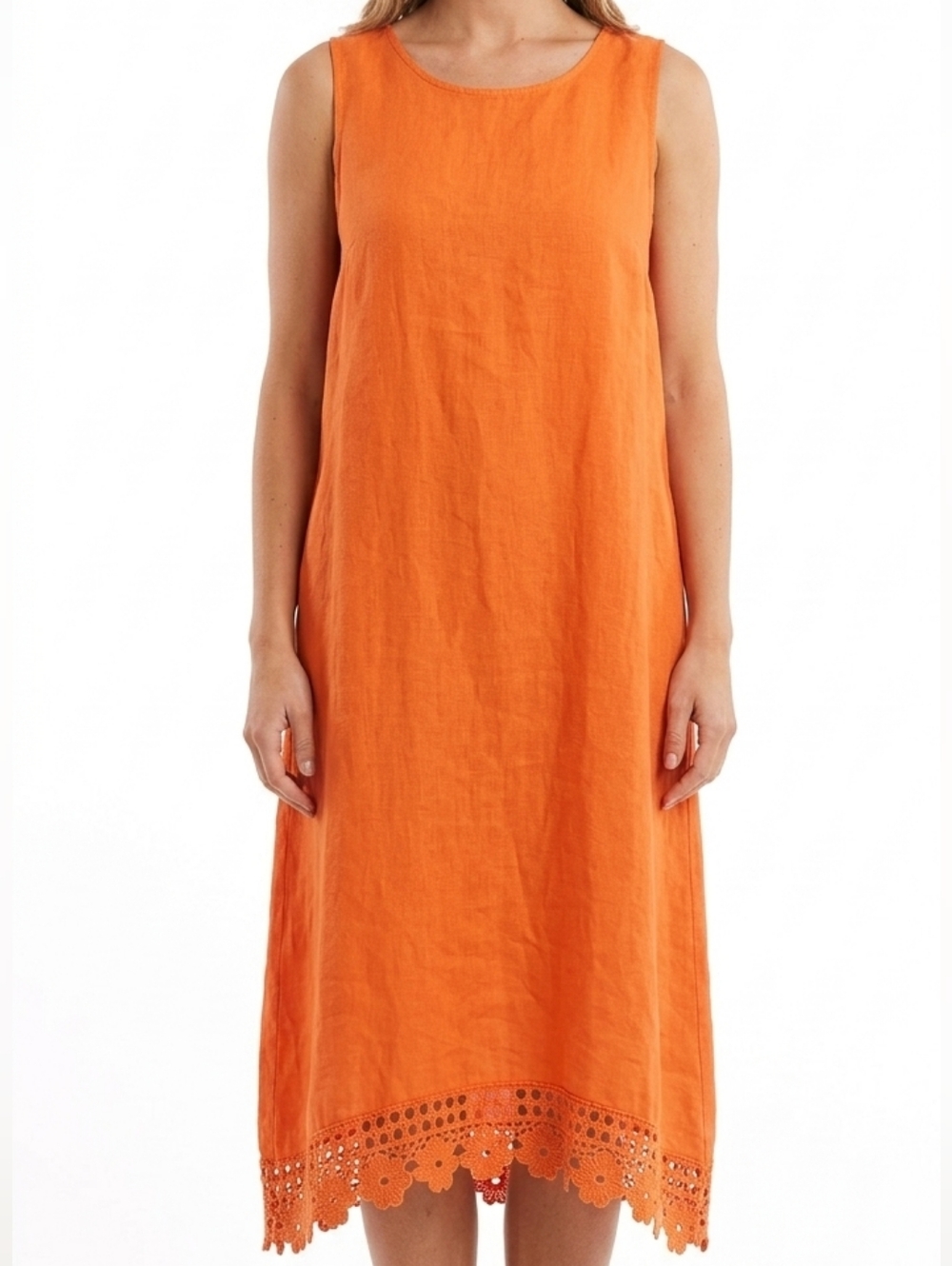 Terzo Millennio Orange Sleeveless Dress with Lace Hem 100% Linen Made In Italy